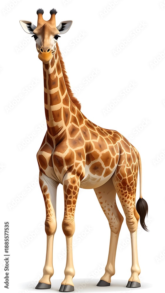 Naklejka premium Cartoon giraffe standing. Light brown with darker spots on body. Tail swishing. Antlers and ears visible