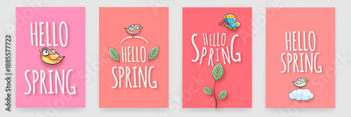 Hello Spring greeting cards set with cute birds and butterfly, seasonal posters vector illustration with hand drawn typography on pink and coral backgrounds. Hello March