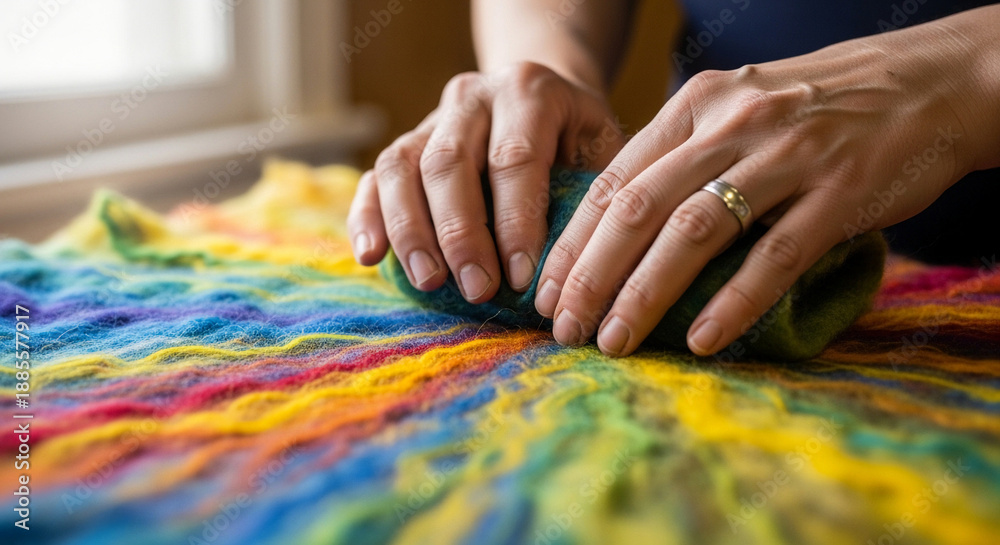 Fototapeta premium Close up of artisan hands felting colorful wool fibers in a workshop