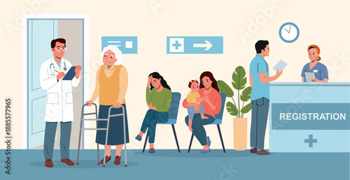 Patients waiting at hospital reception desk with doctor and nurse, healthcare clinic interior. Vector flat style cartoon illustration