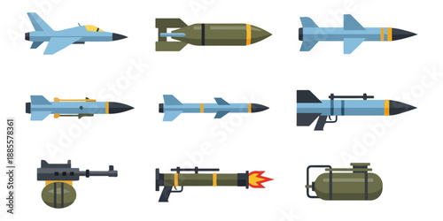 Military weapons and missiles vector illustration set