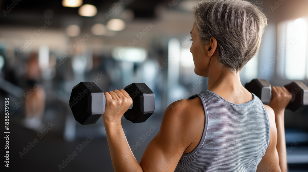 Obraz premium Mature wellness gym initiation, improved health and lifestyle goal, adult fitness beginning, middle-aged exercise start, wellness journey commencement, healthy habits development,