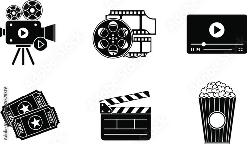 Black and white cinema icon illustration set featuring movie camera, film reel, video player, tickets, clapperboard, and popcorn elements