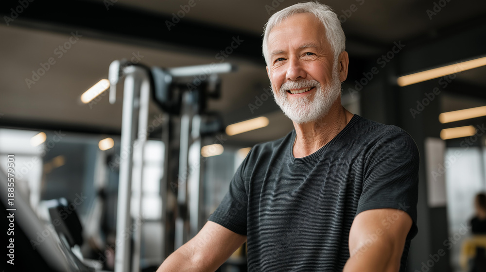 Fototapeta premium Joyful senior man showcasing exceptional fitness in gym, exemplifying active aging, elderly male athlete training, mature wellness dedication, older adult strength display,