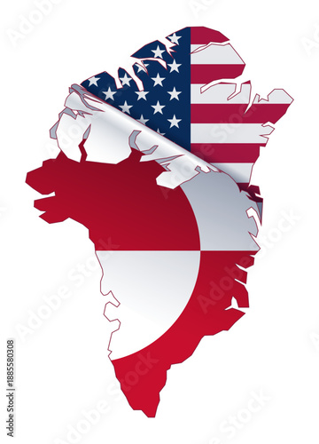 Greenland map with flag unsticking to reveal USA flag. Political metaphor vector illustration.