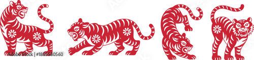 Chinese zodiac tiger vector set in red paper cut style featuring traditional folk art animals, decorative stripes, floral patterns, isolated illustrations on white background