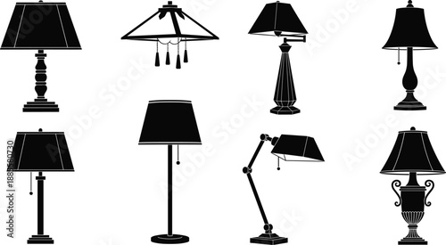 Classic table and floor lamp silhouettes set, black vintage lighting designs, decorative interior illumination icons, isolated on white background, collection