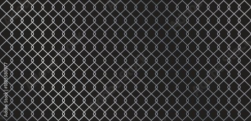 Metallic chain link fence pattern with silver wire mesh over a solid dark black background