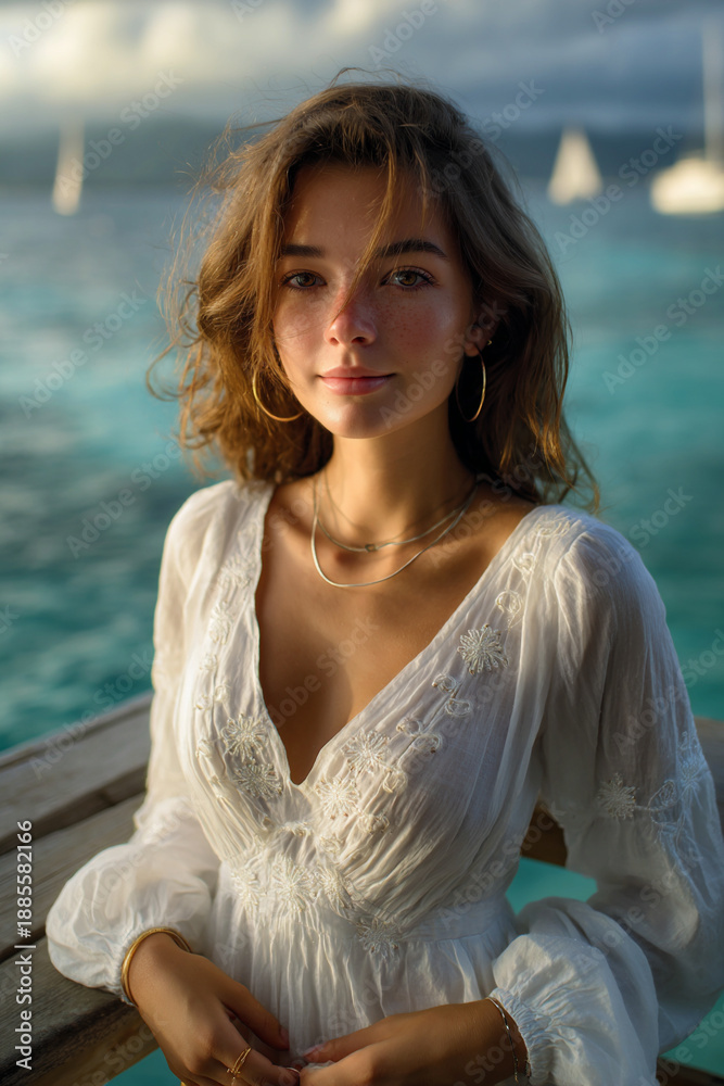 Fototapeta premium sunlit young woman on wooden pier, flowing white dress by turquoise sea, confident female portrait in golden hour, elegant young woman with freckles outdoors