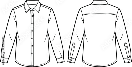 Technical flat sketch, long sleeve shirt, front and back view, button-up design, fashion template, garment construction, vector illustration, apparel