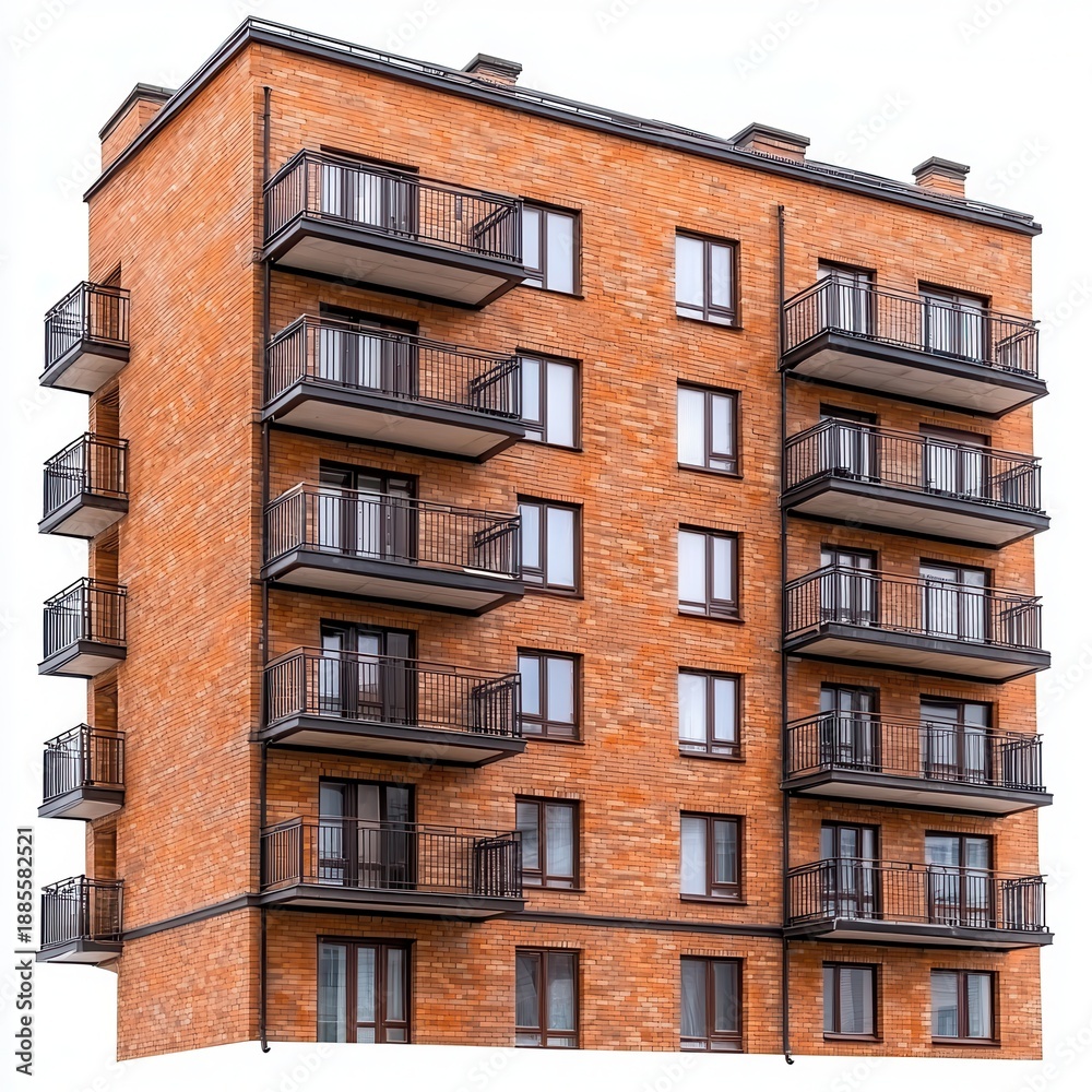 Obraz premium Multi Story Red Brick Apartment Building with Balconies