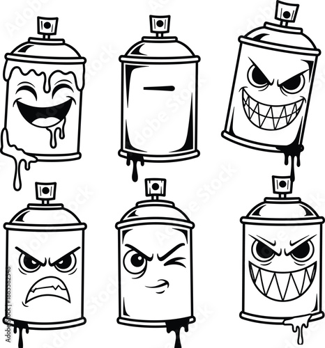 Graffiti spray can character set with cartoon faces, street art aerosol icons, funny angry expressions vector illustration, black white outline