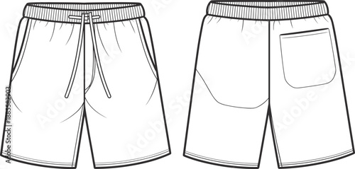 Technical shorts sketch, fashion design template, front and back view, elastic waistband, patch pocket, apparel vector, garment construction, production ready