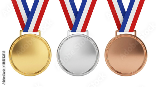 Gold, silver, and bronze medals with red, white, and blue ribbons on a white background