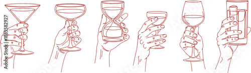 Hand holding cocktail and wine glasses line art vector illustration set with drinks bar celebration concept minimalist red outline isolated on white background design collection