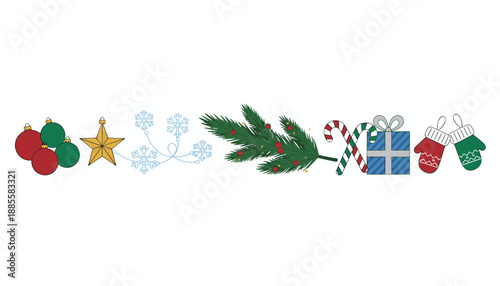 Festive Christmas horizontal border of holiday icons ornaments candy gifts mittens pine
