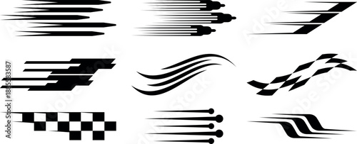 Collection of various black and white racing stripes and speed lines in different styles and patterns