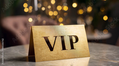 golden vip sign on a table decorated with lights
