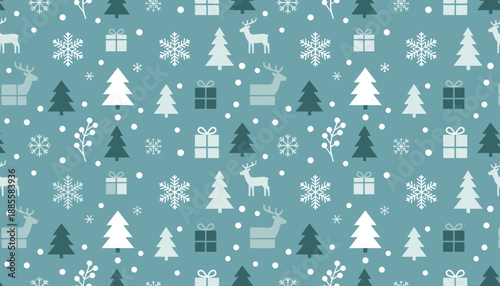 Seamless Christmas pattern with trees reindeer snowflakes and gifts on a blue background