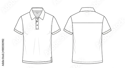 Men's White Polo Shirt Technical Flat Sketch Vector Template with Front and Back View for Fashion Design
