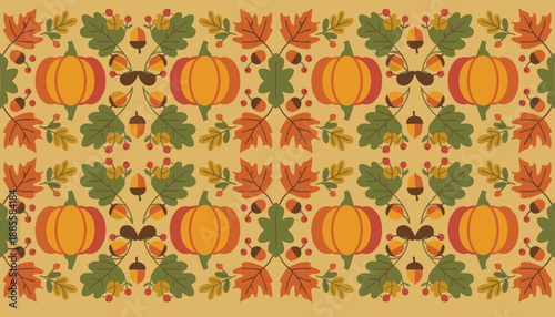Autumn seamless pattern with decorative pumpkins fall leaves acorns and berries Harvest background