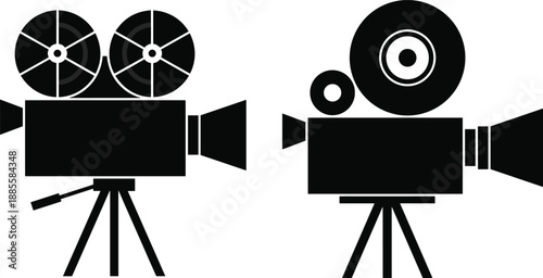 Black and white vintage movie camera illustration set isolated on white background, classic cinema filmmaking equipment icons for media design