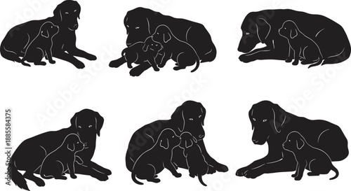Silhouettes of large dog with small puppy in sitting and lying poses, symbolizing family bond, care, protection, love, and companionship vector