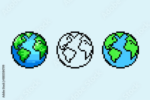 Pixel Art Earth Globe Icons Set in Three Styles. a detailed shaded version with highlights, a clean black and white outline, and a minimalistic flat color design.