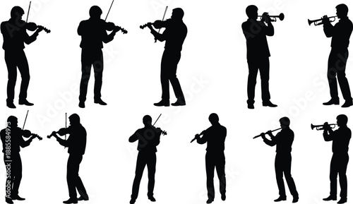 Silhouettes, musicians, orchestra, violinist, trumpeter, performance, vector, illustration, black, white, 