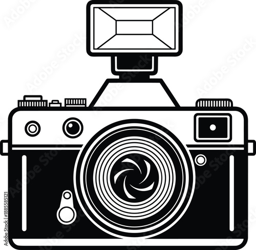 Digital camera with flash icon illustration isolated on white background for photography equipment technology studio design concept