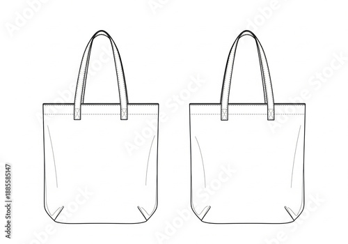 Minimal tote bag technical flat drawing featuring long shoulder straps and flat base