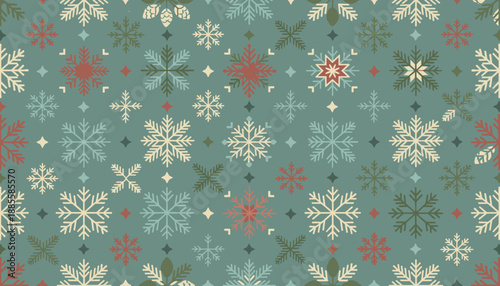 Vintage Christmas seamless pattern Retro snowflakes pine and stars on a textured teal background
