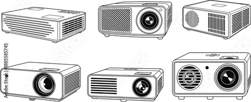 Set of digital multimedia projectors illustration isolated on white background for presentation education home cinema office technology concept