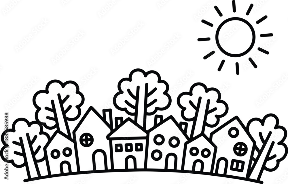 Obraz premium An adorable black and white outline illustration showing a quaint village with multiple houses, trees, and a bright sun