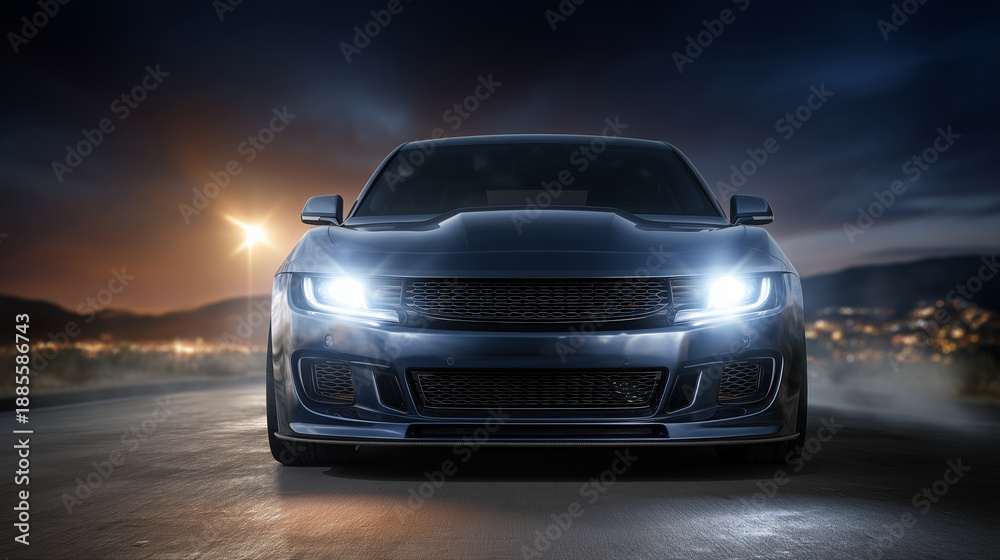 Naklejka premium Front perspective of a contemporary car with bright headlights piercing darkness, subtle mist and reflections on asphalt, cinematic urban or countryside night vibe, unbranded vehic