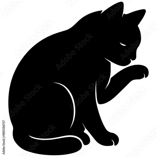 Black Cat Silhouette Cleaning Paw, Sitting Feline Vector Art, Minimalist Pet Icon