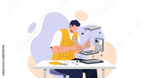 Technician Repairing Modern Electronic Device on White Table.