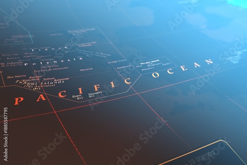 Map of Pacific Ocean styled in cyber blue colors. Selective focus on label, close-up view