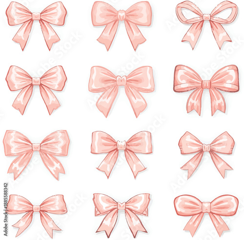 Set of various bows, gift ribbons. Bowknots in hand-drawn and flat styles. Fashionable vector illustration. Hair accessory. Bow knots for gift 