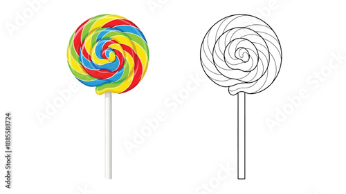 Colorful spiral lollipop and its black and white line drawing counterpart
