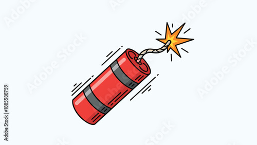 Cartoon style illustration shows a red stick of dynamite with grey bands and a lit fuse sparking against a light blue background.