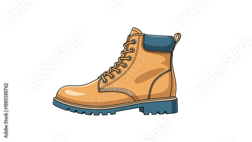 Detailed illustration shows a single yellow work boot with blue trim and thick soles designed for durability and outdoor activities.