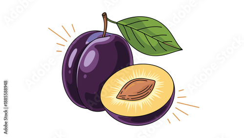 Ripe purple plum whole and halved with a green leaf and pit showing in a colorful hand-drawn illustration style.