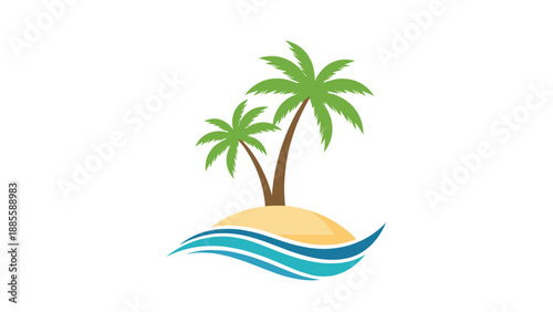 Tropical island illustration featuring two green palm trees on a small sandy beach surrounded by stylized blue ocean waves.