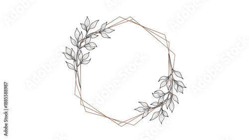 Geometric gold hexagonal frame decorated with delicate hand-drawn leaf branches for elegant wedding or event invitations.