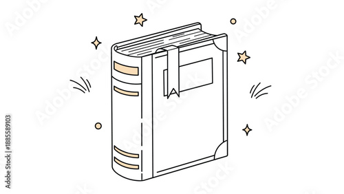 Magical book illustration featuring a hardcover volume surrounded by shining stars and decorative sparkles in a minimalist line art style.