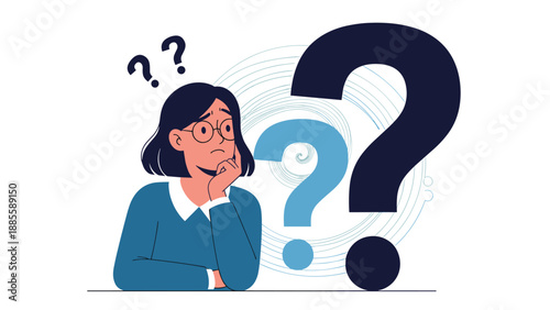 Thoughtful woman looking worried and confused surrounded by large question marks as she ponders over a difficult problem or decision.