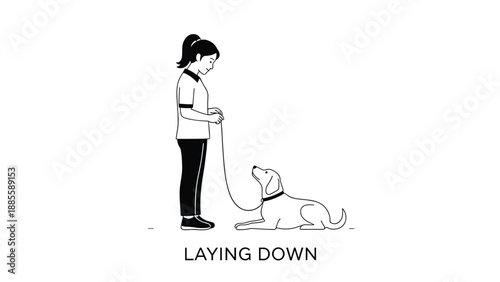 Young woman training her loyal dog to perform the laying down command during an outdoor obedience session in a simple black and white sketch.