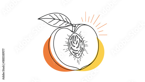 Artistic line drawing of a juicy peach cut in half to show the inner pit against a vibrant orange and yellow circular background.