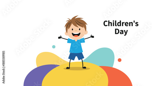 Joyful boy standing with arms wide open on a colorful background to celebrate Childrens Day with happiness and festive energy.